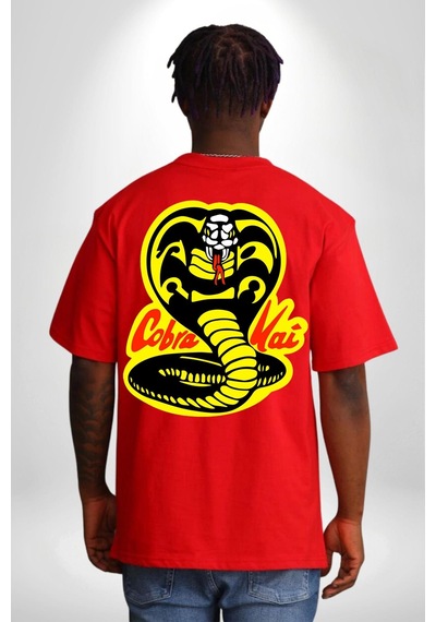 Cobra Kai Karete Çocuk Yılan Logo Dizi Kırmızı Oversize Unisex Ön Ve Sırt Baskılı Tişört Kırmızı