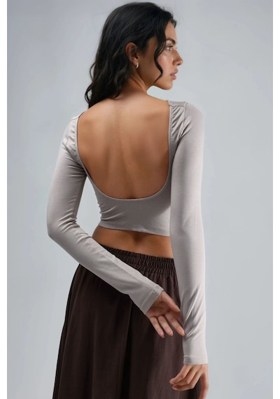 Hiccup Busem Sırt Dekolteli Slim Fit Kısa Bluz Krem Doğal