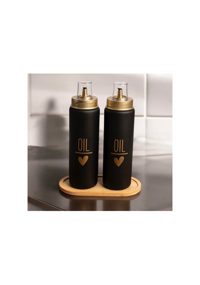 Bambu Standlı 2 Li Damlatmaz Kapaklı Siyah Cam 550 Ml Oil Yağdanlık Yağlık Set Siyah 691500954 Siyah