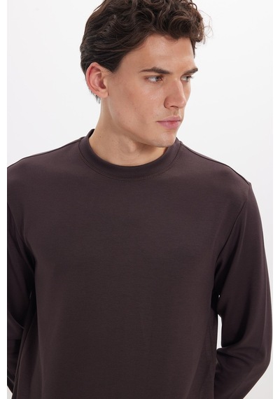 Tudors Erkek Standart Fit Normal Kesim Uzun Kollu Ekstra Soft Modal Kumaş Bisiklet Yaka Kahverengi Sweatshirt-50225