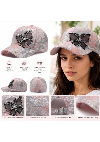 Valkyrie Kadın Taşlı Kelebek Çiçek Detaylı Dantel Şapka Ayarlanabilir Spor Şapka Yazlık Baseball Cap Pembe