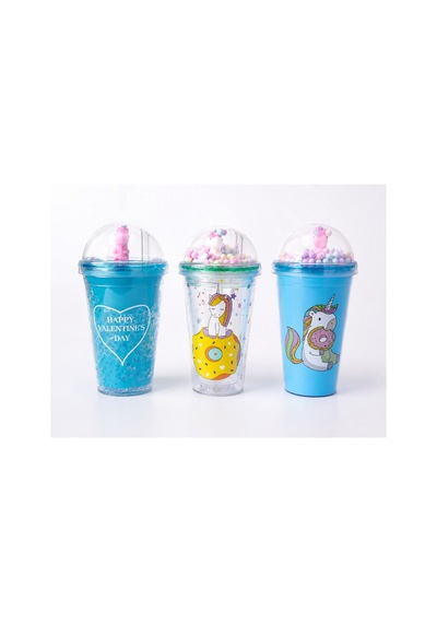 Unicorn Temalı Pipetli Bardak 450 Ml Mavi Renkli Çocuk Matara Şeffaf Kapaklı Bpa İçermez 3 Farklı Model Çok Renkli