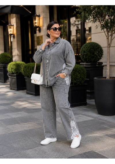 Büyük Beden Yakalı Düğmeli Tunik Gömlekli Paçası Dantel Detaylı Denim Kadın İkili Takım Gri