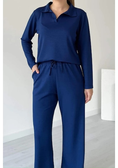 Balenbi Kadın Modal Kumaş Polo Yaka Uzun Kollu Takım 1126 Lacivert