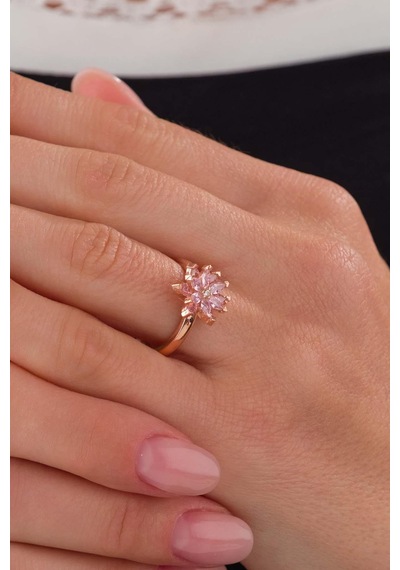 Gümüş Pazarım Pembe Renkli Lotus Çiçeği Gümüş Yüzük Altın - Gümüş