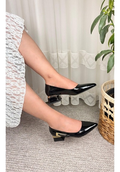 Asmi Shoes Kadın Essi Siyah Rugan Tokalı Kalın Topuklu Rahat Ayakkabı