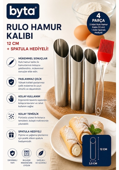 4 Parça Paslanmaz Çelik Rulo Hamur Kalıbı Seti 12 Cm 3'lü Külah Tatlı Kalıbı + Silikon Spatula Hediyeli Diğer