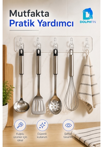 5 Kancalı Şeffaf Yapışkanlı Duvar Askılığı Delmeden Montaj -şeffaf