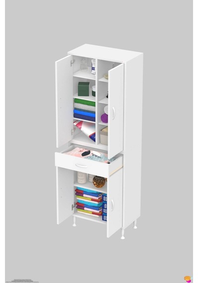 Yeni Afra 55 Cm 4 Kapaklı 10 Raflı Ve Çekmeceli Çok Amaçlı Banyo Dolabı Beyaz