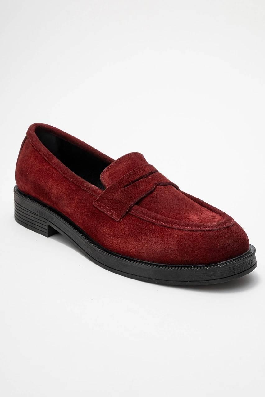 Luvishoes Luvi Shoes Pline Bordo Süet Hakiki Deri Kadın Loafer Ayakkabı Bordo
