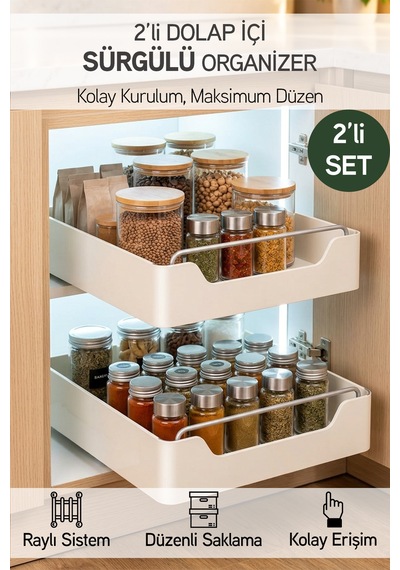 2'li Kendinden Bantlı Sürgülü Raylı Çok Amaçlı Dolap İçi Organizer Banyo Mutfak Düzenleyici 26x34 Cm Krem