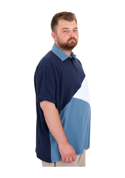 Mode Xl Büyük Beden Erkek T-shirt Polo Yaka Parçalı 25313 İndigo İndigo