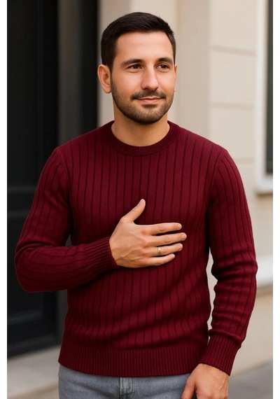 Barlashive Erkek Bisiklet Yaka Triko Kazak Pamuklu Kalın Fitilli Dokuma Regular Fit - Bordo Çok Renkli