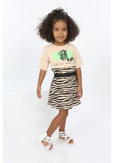 Toontoy Kız Çocuk Zebra Baskılı Elbise Bej