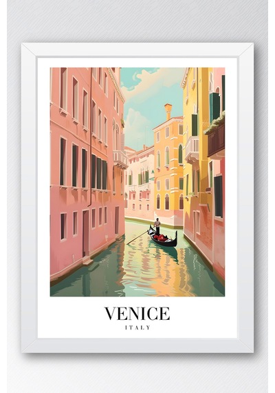 Venice Italy Vintage Seyahat Posteri Çerçeveli Tablo - Premium Venedik Kanal Elit Duvar Dekoru Beyaz