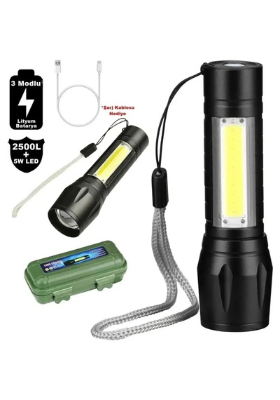 Derwell Usb Şarj Edilebilir Led Lamba El Feneri Küçük Taşınabilir Siyah