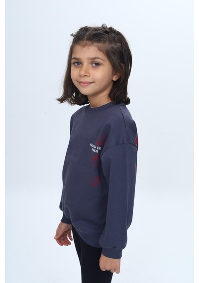 Kız Çocuk Relax Fit Bisiklet Yaka Düşük Omuz Baskılı Sweatshirt Füme Melanj