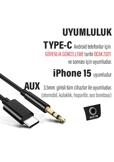 Samsung Xiaomi Uyumlu Aux Kablo Typec To Jack Çevirici Dönüştürüc