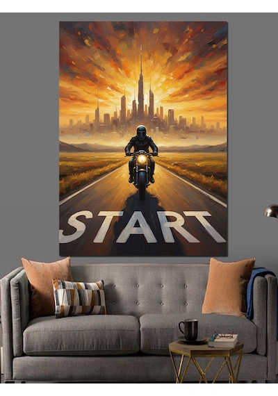 Ahşap Tablo Yolda Motosiklet Sürücüsü Start