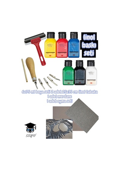 Linol Baskı Seti 6x75 Ml Boya Seti 2 Adet 25x35 Cm Linol Tabaka 1 Adet Merdane 1 Adet Oyma Seti