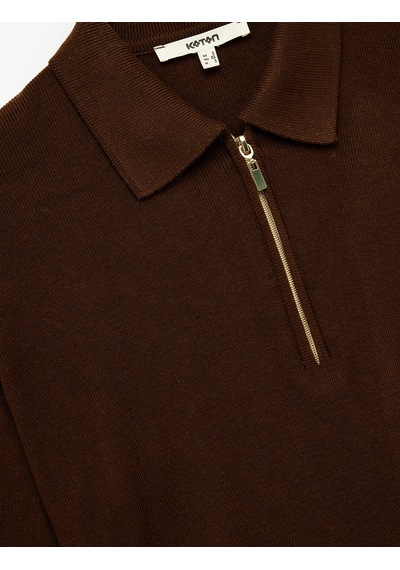 Koton Fermuarlı Polo Yaka Uzun Kollu Oversize Kazak Kahverengi 6wak90260ht Kahve