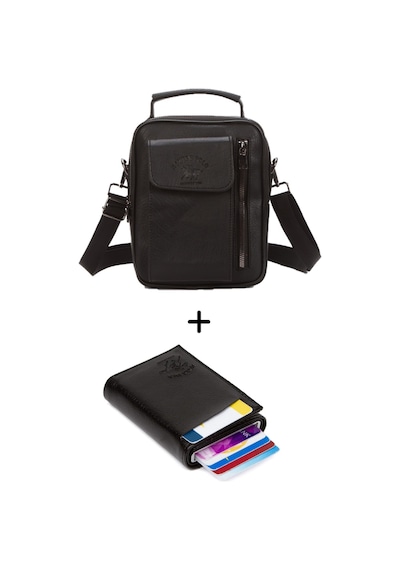 Newish Polo Erkek Mekanizmalı Cüzdan Ve Deri Kapaklı Omuz El Çantası 17x22cm - New337 Siyah