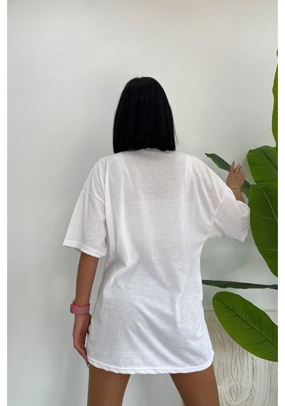 Startmore Unisex Pamuk Bisiklet Yaka Oversize T-shirt Beyaz