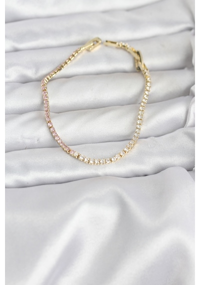Pembe Ve Beyaz Zirkon Taşlı Gold Renk Su Yolu Kadın Bileklik Altın