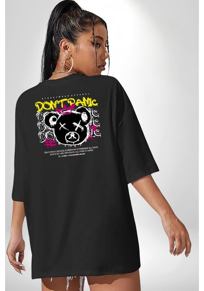 Panik Yok Teddy Siyah Oversize Unisex Ön Ve Sırt Baskılı Tişört Siyah