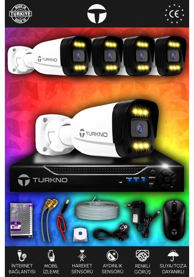 Turkno 5 Kameralı Ultia 5 Dış Kamera Set HDD'siz 5 MP 2K Net Renkli Gece Görüşlü Güvenlik Kamerası Sistemi