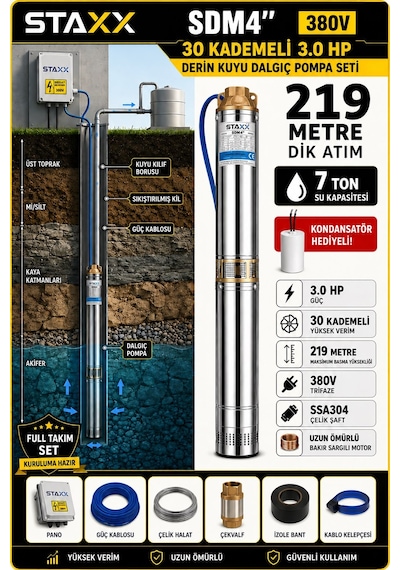 Staxx Sdm4380 Derin Kuyu Dalgıç Pompa Dalgıç Seti Trifaze 380v Tak Çalıştır 219 Mt Dik Basar