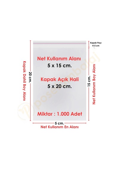 5x15+5 Cm. 5x20 1.000 Adet Şeffaf Bantlı Yapışkanlı Opp Poşet