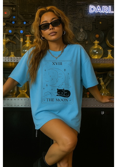 The Moon Baskılı Oversize Unisex Tişört Bebe Mavisi