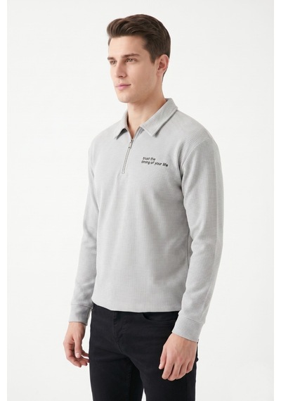 Opınıon Erkek Spor Polo Yaka Petek Dokulu Sweatshırt Bgl-st05442 A.gri