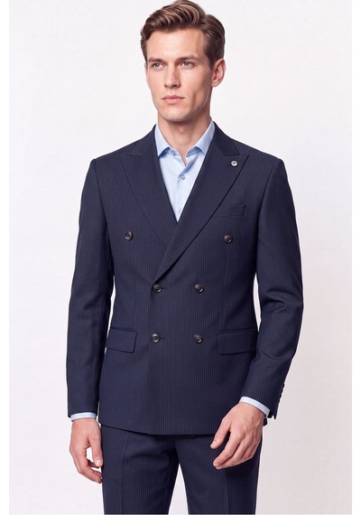 Efor Slim Fit Çift Yırtmaç %95 Pamuk Sık Çizgili Lacivert Kruvaze Takım Elbise Tk 944