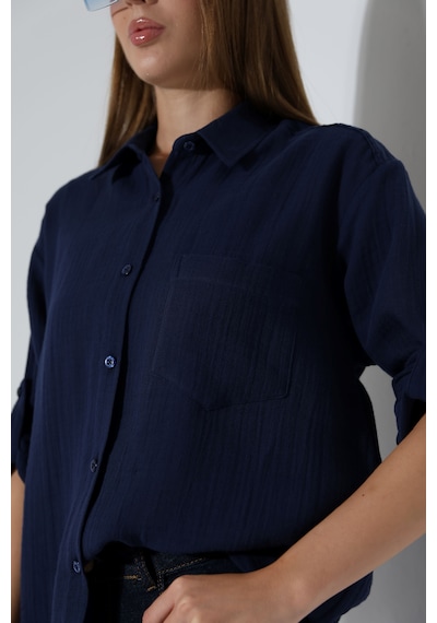 Oversize Basic Müslin Gömlek Lacivert