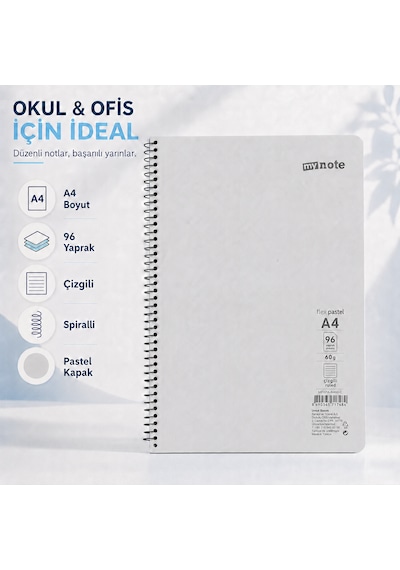 Mynote Flex Pastel A4 96 Yaprak 60 Gr Spiralli Çizgili Defter Gri