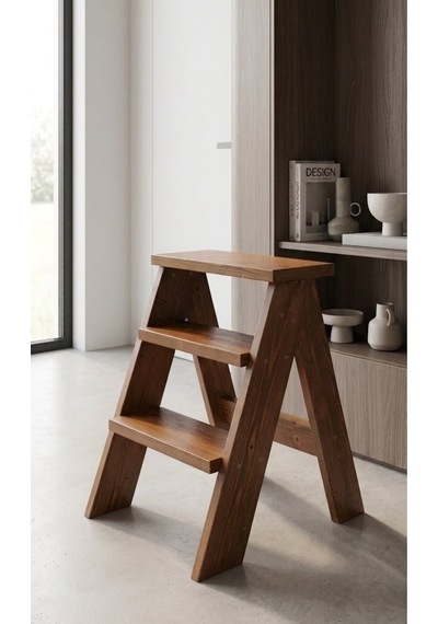 Katlanır Masif Kestane Rengi Katlanır Mutfak Merdiveni - 75 Cm Yükseklik 40 Cm Geniş Tabure