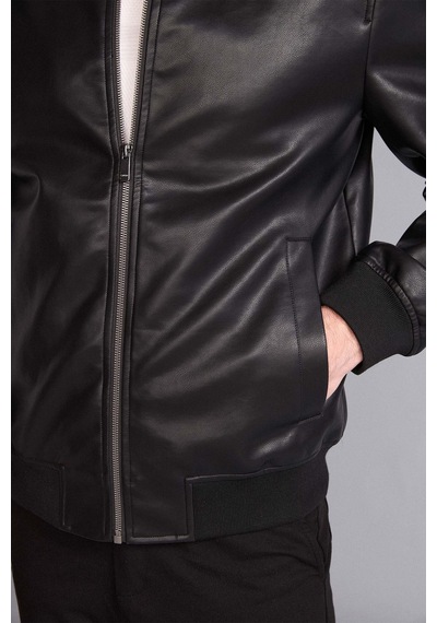 Defacto Slim Fit Kolej Yaka Ribanalı Fermuarlı Suni Deri Bomber Mont Y5367az26aubk27 Siyah-bk27
