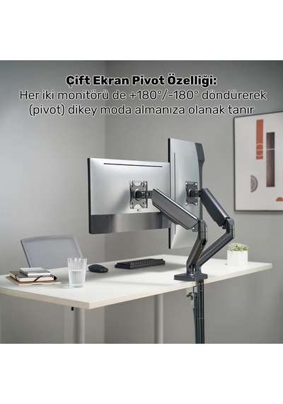 Std46024e 17-32 İkili Ergonomik Amortisörlü Monitör Kolu, Geniş Eğim +90 , 360 Pivot Vesa Stand Tutucu 2x9kg