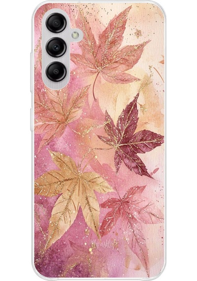 Samsung Galaxy A14 Uyumlu Pembe Ve Bordo Tonlu Yaprak Baskılı Silikon Kılıf Renkli