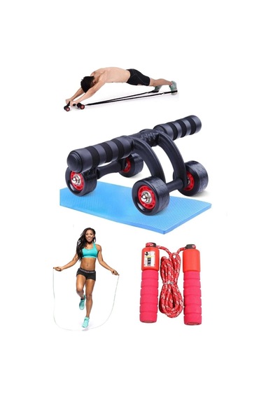 2'li Set Tekerlekli Karın Göğüs Kol Omuz Kası Egzersiz Spor Güç Aleti Sayaçlı Atlama İpi