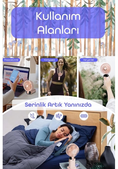 Lcd Ekranlı Şarjlı El Fanı Mini Vantilatör 5 Kademe Sessiz Boyun Askılı Pembe Fan