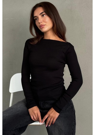 Madmext Siyah Kayık Yaka Fitilli Slim Fit Kadın Bluz Mg2909
