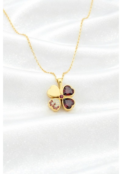 Çekirdekjewelry 925 Ayar Gümüş Garnet Taşlı Ters Yonca Kolye Sarı