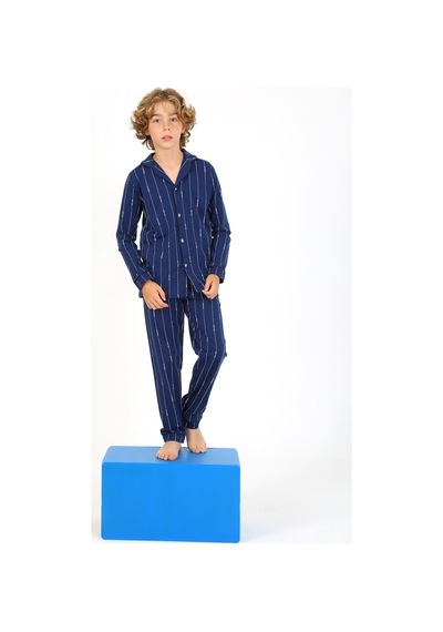 Vitmo Erkek Çocuk Uzun Kollu %100 Pamuklu Düğmeli Pijama Takımı Leo Uzun Mavi