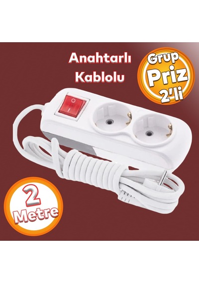 Grup Priz Fiş Çoğaltıcı 2 Metre Topraklı Anahtarlı Düğmeli Çoklu Kablolu 2'li Asmalı Uzatma 0