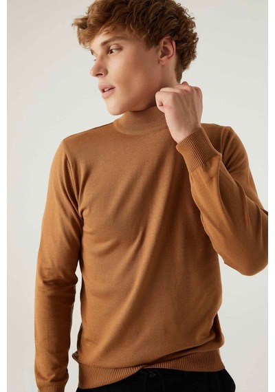 D's Damat Regular Fit Camel Pamuk Karışımlı Yarım Balıkçı Triko Kazak Camel