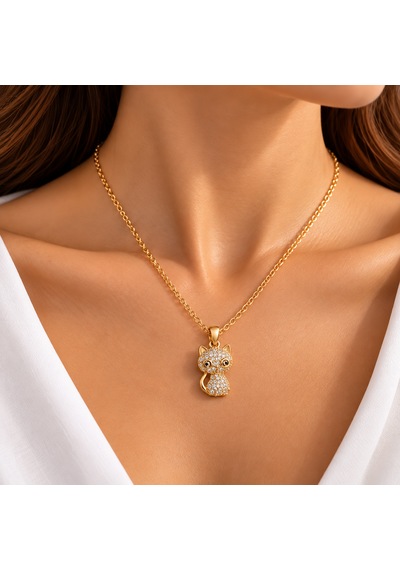 Gold & Gümüş Taşlı Kedi Figürlü Kolye Altın