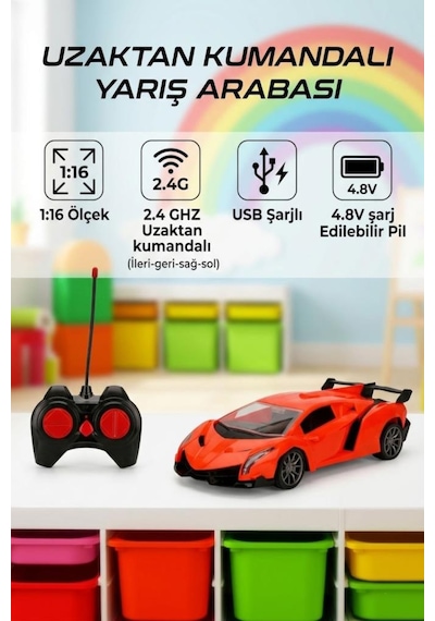 Uzaktan Kumandalı 4 Fonksiyonlu Işıklı 1:16 Ölçekli Usb Şarjlı 2.4ghz 10-15km/h Oyuncak Spor Araba Turuncu
